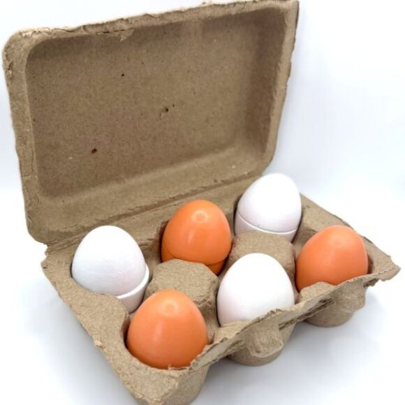 Carton of 6 Wooden "Cracking" Eggs Breakfast Toy Pretend Role Play Set New - Picture 3 of 4